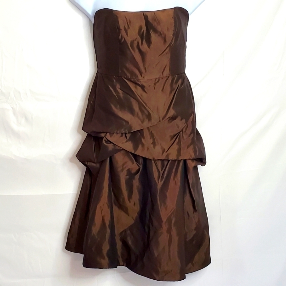 Lazaro Satin Taffeta Midi Dress Size 12 Brown Strapless Low Back Bridesmaid
